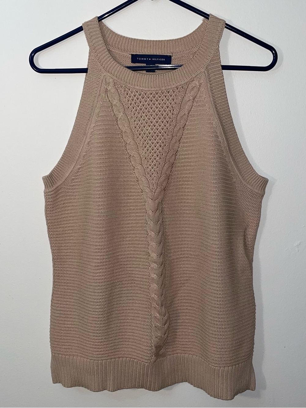 Tommy Hilfiger Womens Sand Tan Sleeveless Cable Knit Halter Neckline Sweater Top